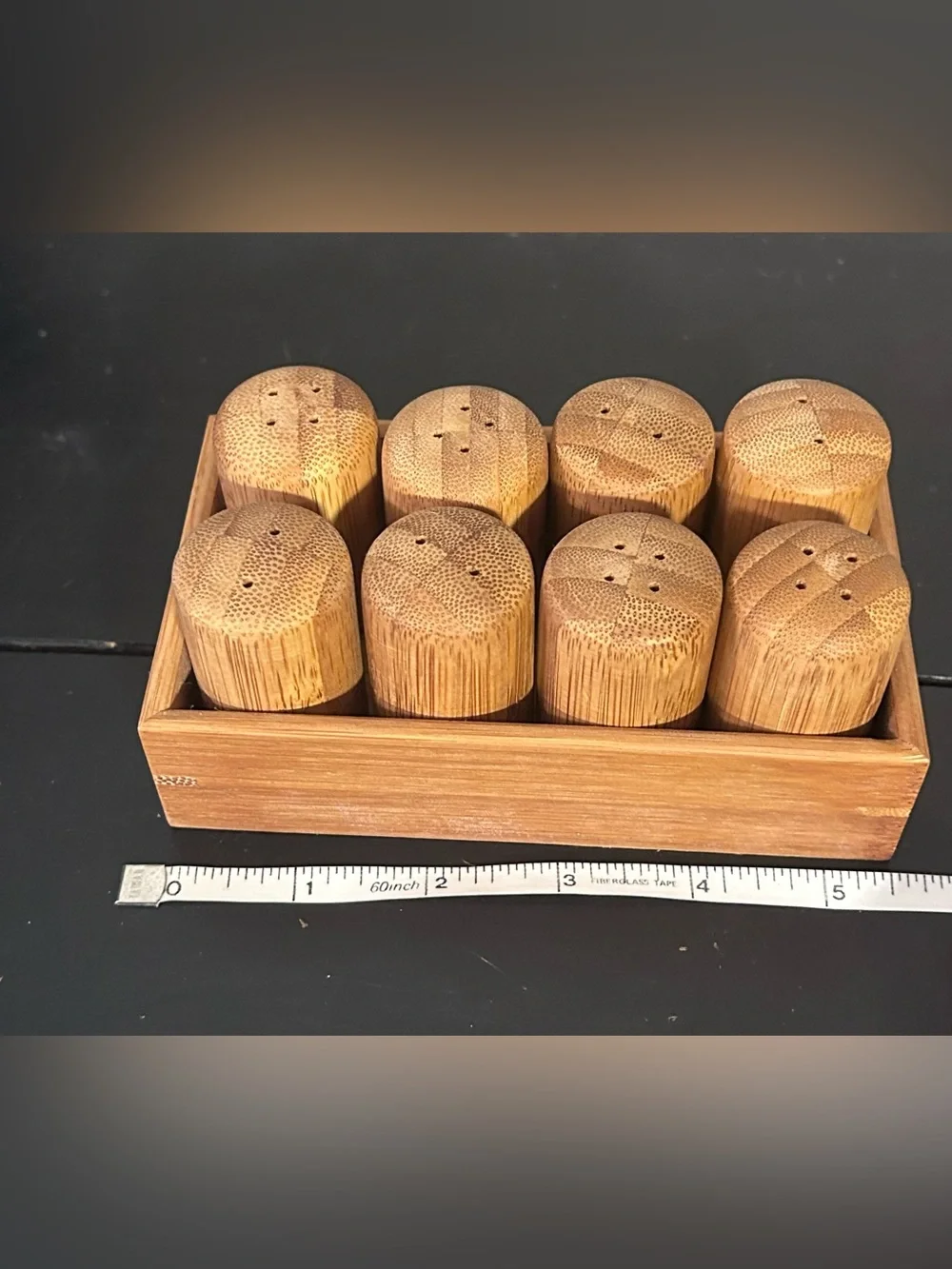 8 Pc Bamboo Salt Pepper Shaker Set w/ Storage Tray Refillable Kitchen Table